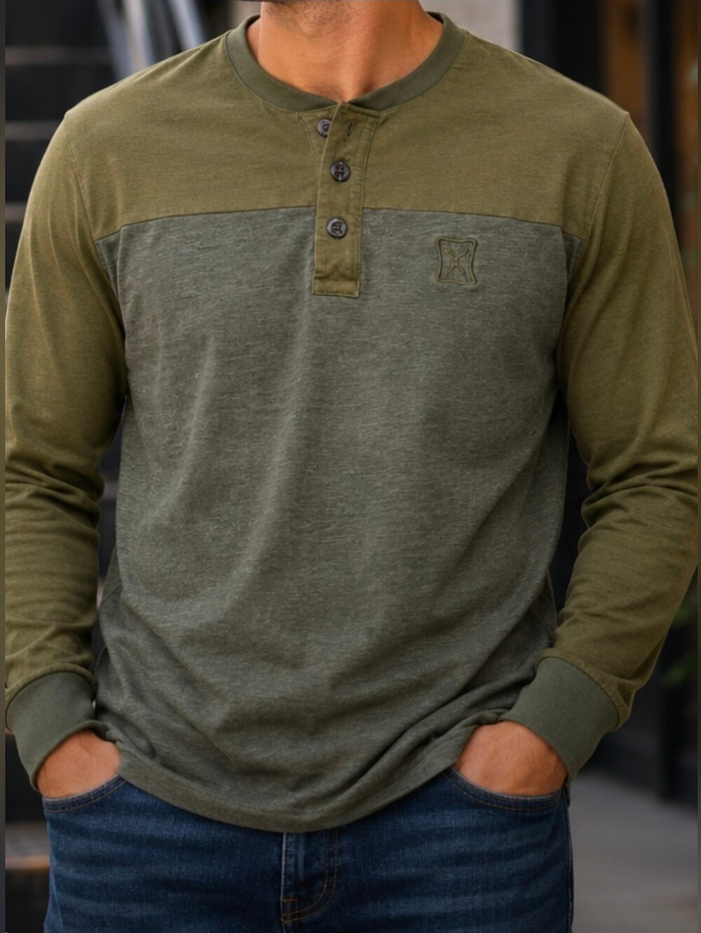 Marc Ecko Cut & Sew Men’s XXL Olive Green Colorblock Long Sleeve Henley Shirt